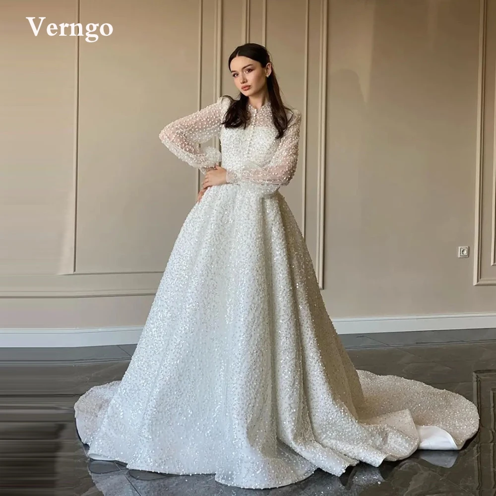 Verngo Glitter A Line Puff Long Sleeves Wedding 2025 Dresses Modest High new Neck Buttons Front Sweep Train Dubai Women Bridal Gowns
