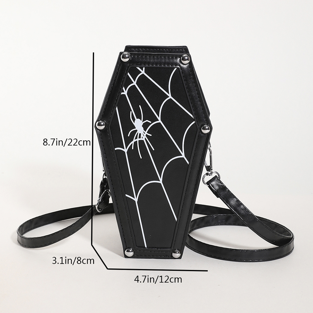 Women Cosplay Cosmetic Bag PU Leather Coffin Gothic Cobweb Bag Adjustable Strap Halloween Gift for Female