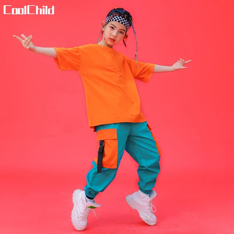 Hip Hop Girls Crop Top Contrast Cargo Pants Boys Sweatshirt Joggers Child Streetwear Clothes Sets Kids Street Dance Jazz Costume