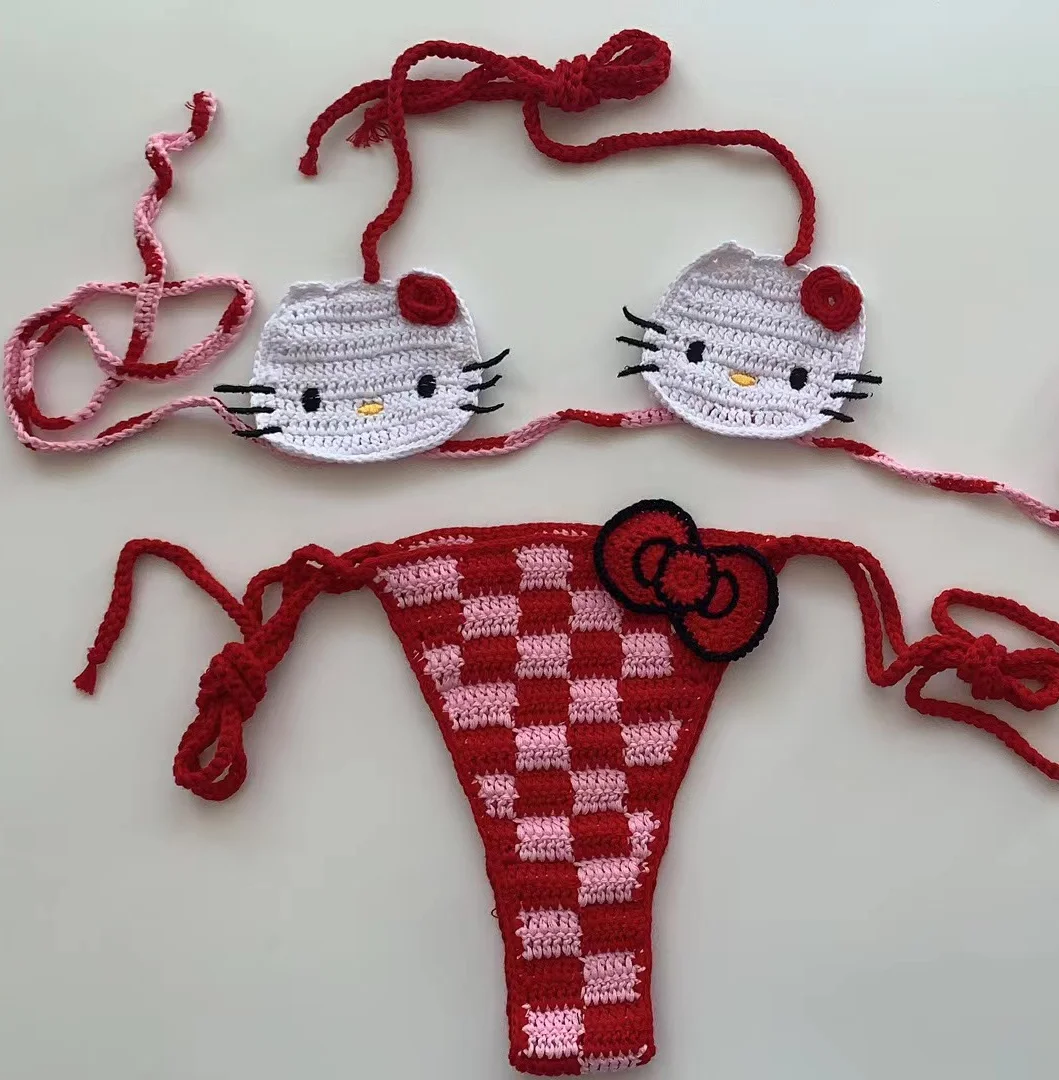 2024 Red Crochet Bikinis Set Swimwear Handmade Sexy Brazil Checked Red Pink Bottom String Bathing Suit Beachwear Swimsuit Women
