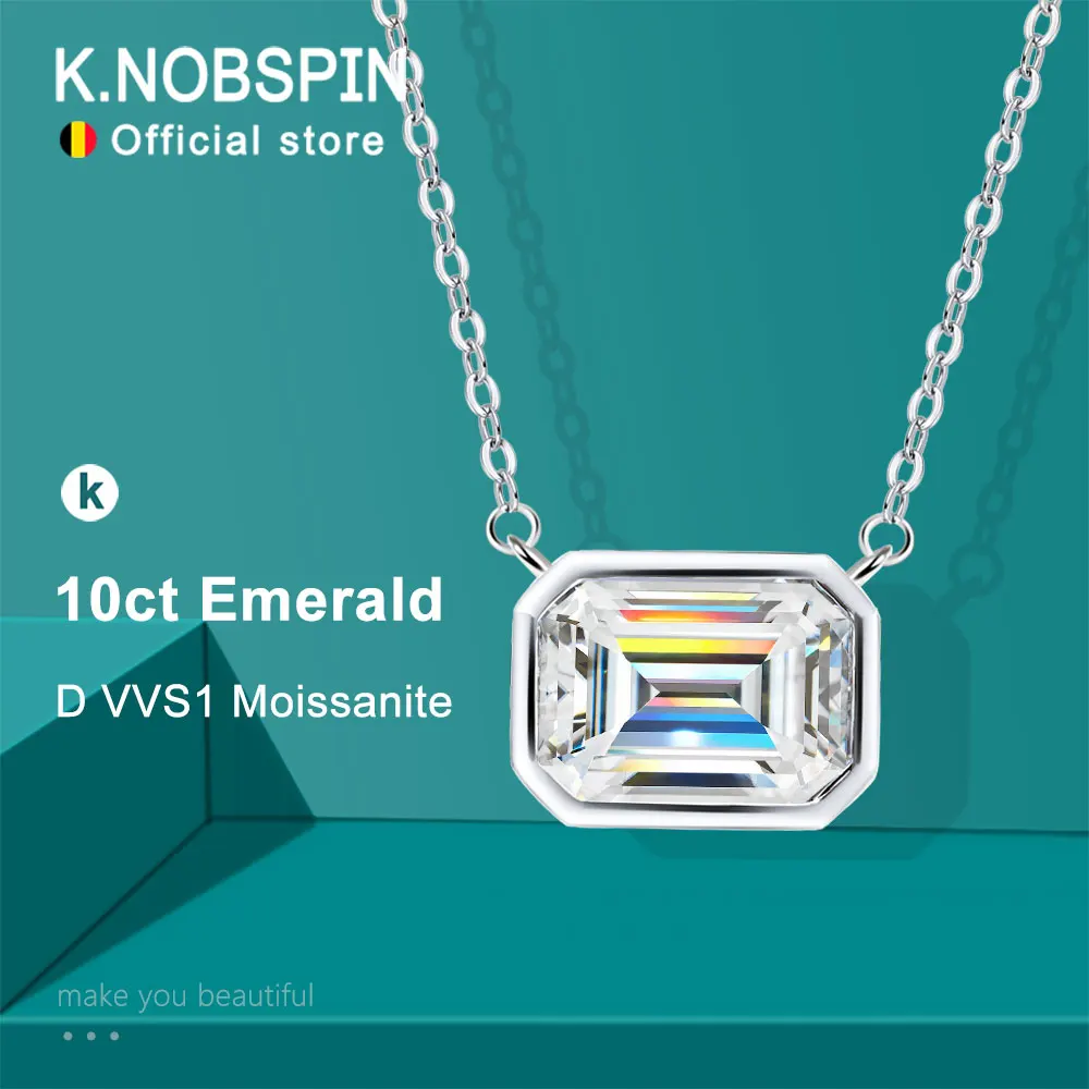 KNOBSPIN 10ct Emerald Cut Moissanite Pendant Lab Diamonds with GRA Certificates s925 Sterling Silver Wedding Necklaces for women