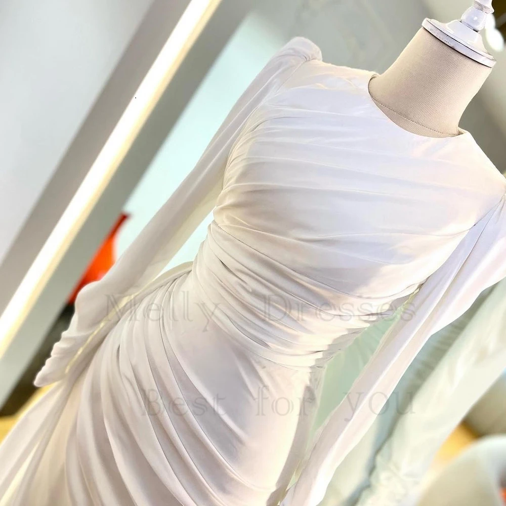 White Scoop Evening Dresses for Women Full Sleeve Satin Prom Gowns Summer New Rea Picture Vestido De Noche