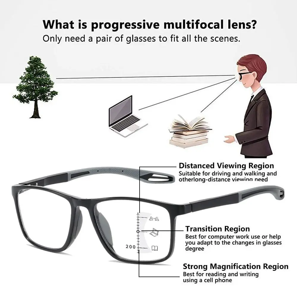 TR90 Sports Progressive Multifocal Reading Glasses Women Men HD Anti-blue Light Near And Far Presbyopic Eyewear