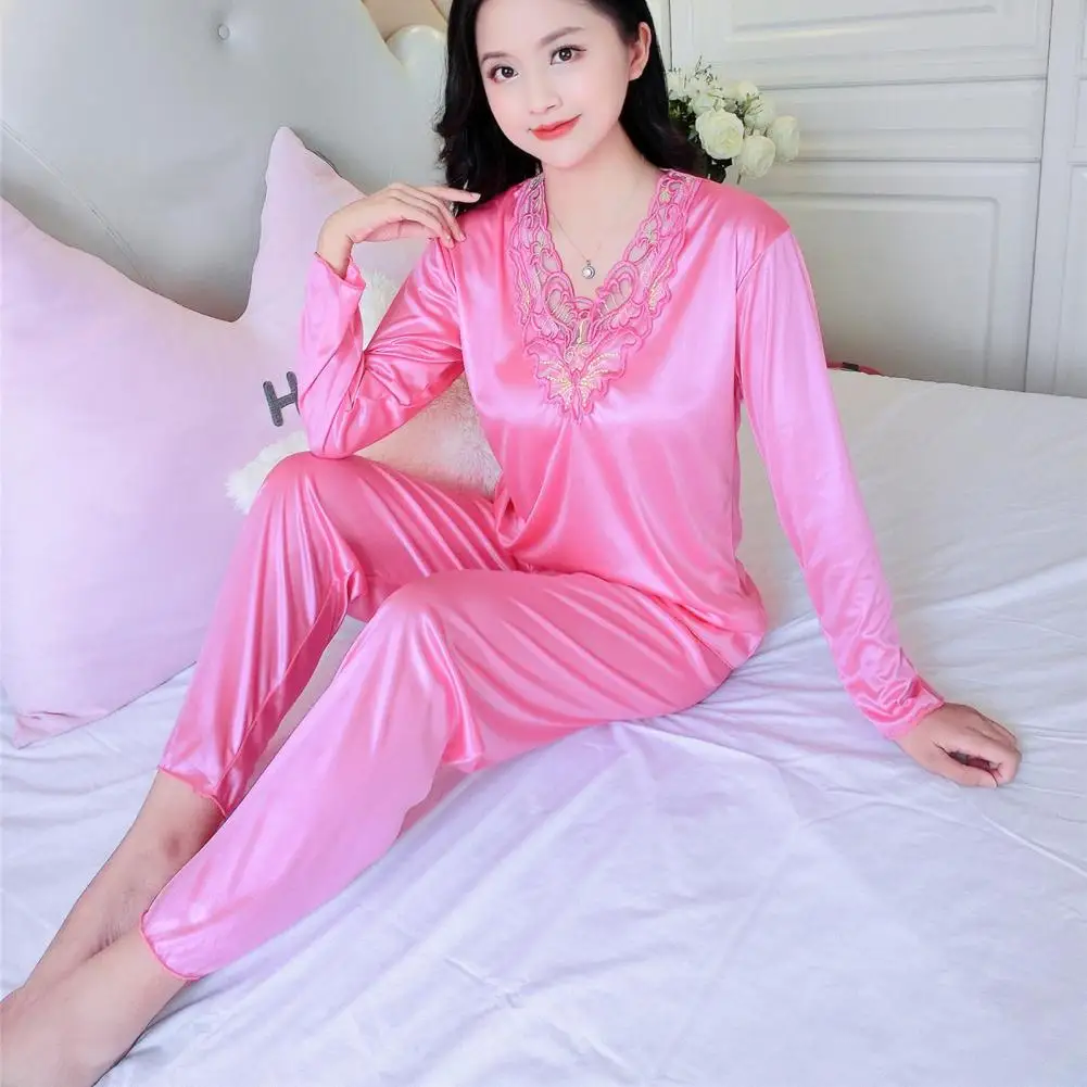 Women Top Pants Set Silky Satin Lace Embroidery new Pamas Set V Neck Top Elastic Waist Pants Soft Sleepwear for Women 2025 2 Pcs/set