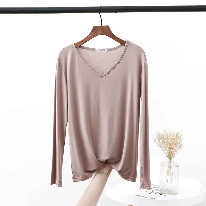Autumn V Neck Tshirt Long sleeves Soft comfortable T-shirt 2025 Solid color Basic Bottoming Tee new Tops O Neck undershirt