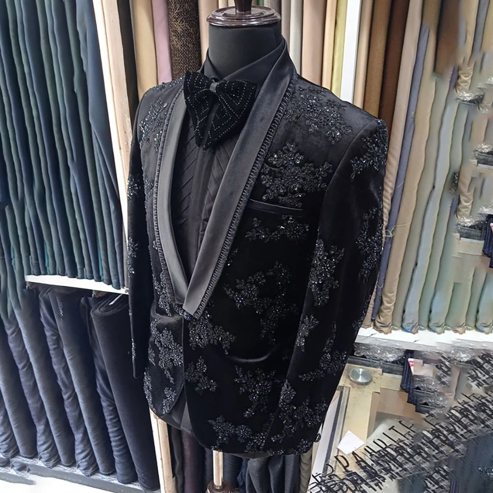 Elegant Beaded Appliques Men Suits Groom Tuxedos Pieces Wedding Dinner Bridegroom Blazers Male Bespoke Ternos Completo