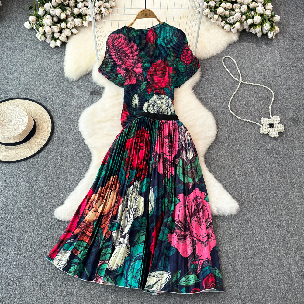 Two Piece Dress 2025 Summer Runway Women's Turtleneck Vintage Print Stretched Tops High Waist A-E Long Skirt Suit Female Outfits