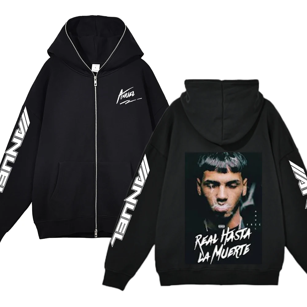 Hip Hop Streetwear Hoodie Anuel AA Real Hasta La Muerte Print Full Zipper Hoodies Punk Rapper Loose Sweatshirts Y2K Cardigan