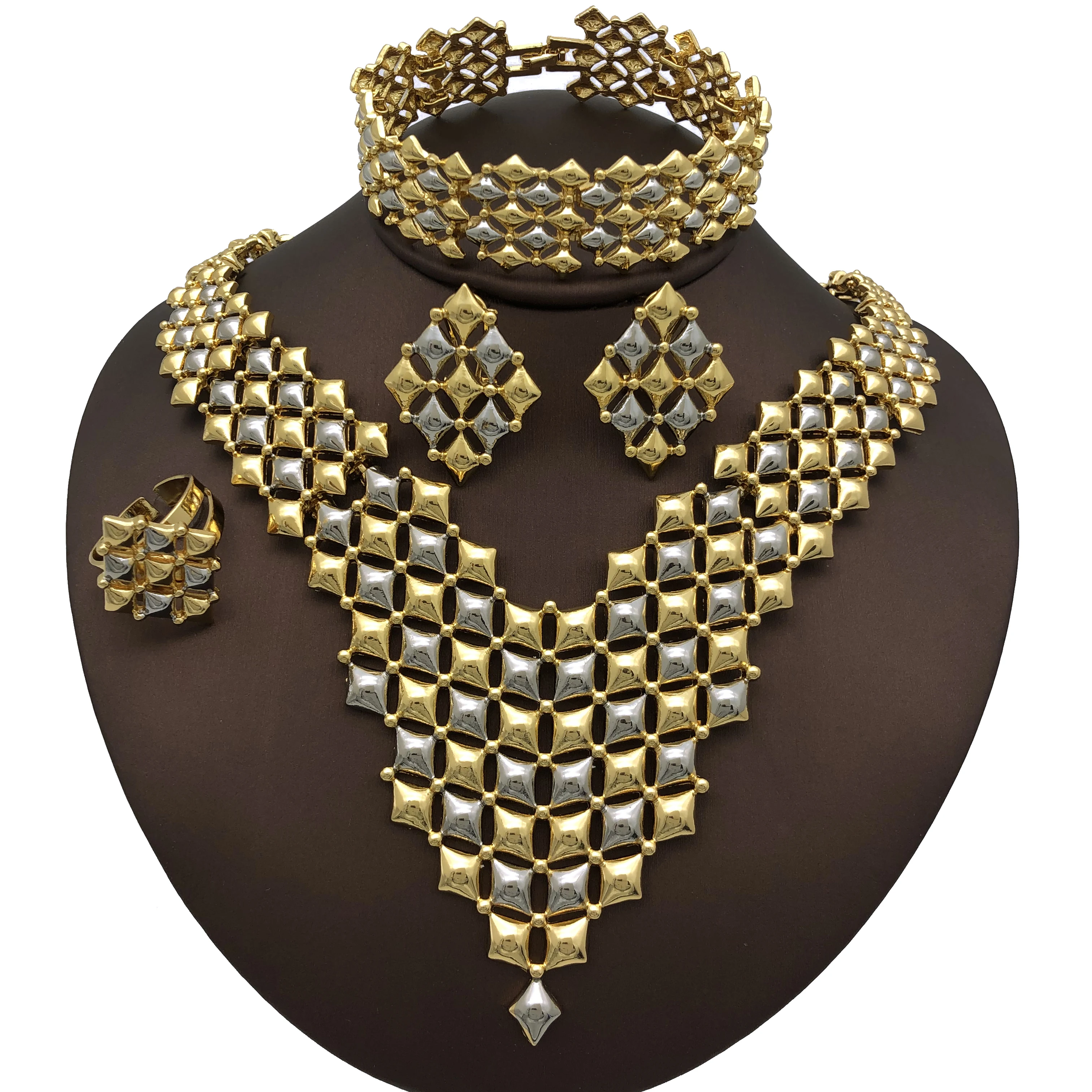 Italian Gold Plated Jewelry Sets Women Large Necklaces Earring Ring Bracelet Wedding Party Jewelry Accessories Free Shipping