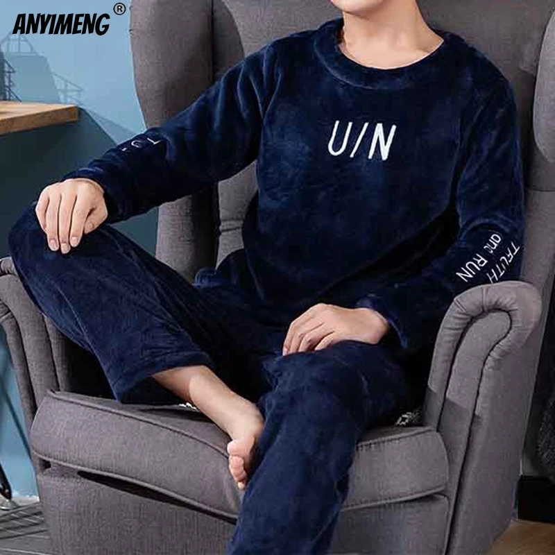 Winter Mens Pajamas Sets Soft Velvet Thermal Sleepwear 2 Pieces Set Flannel Pijamas for Men Casual Long Sleeves Fluffy Homesuits