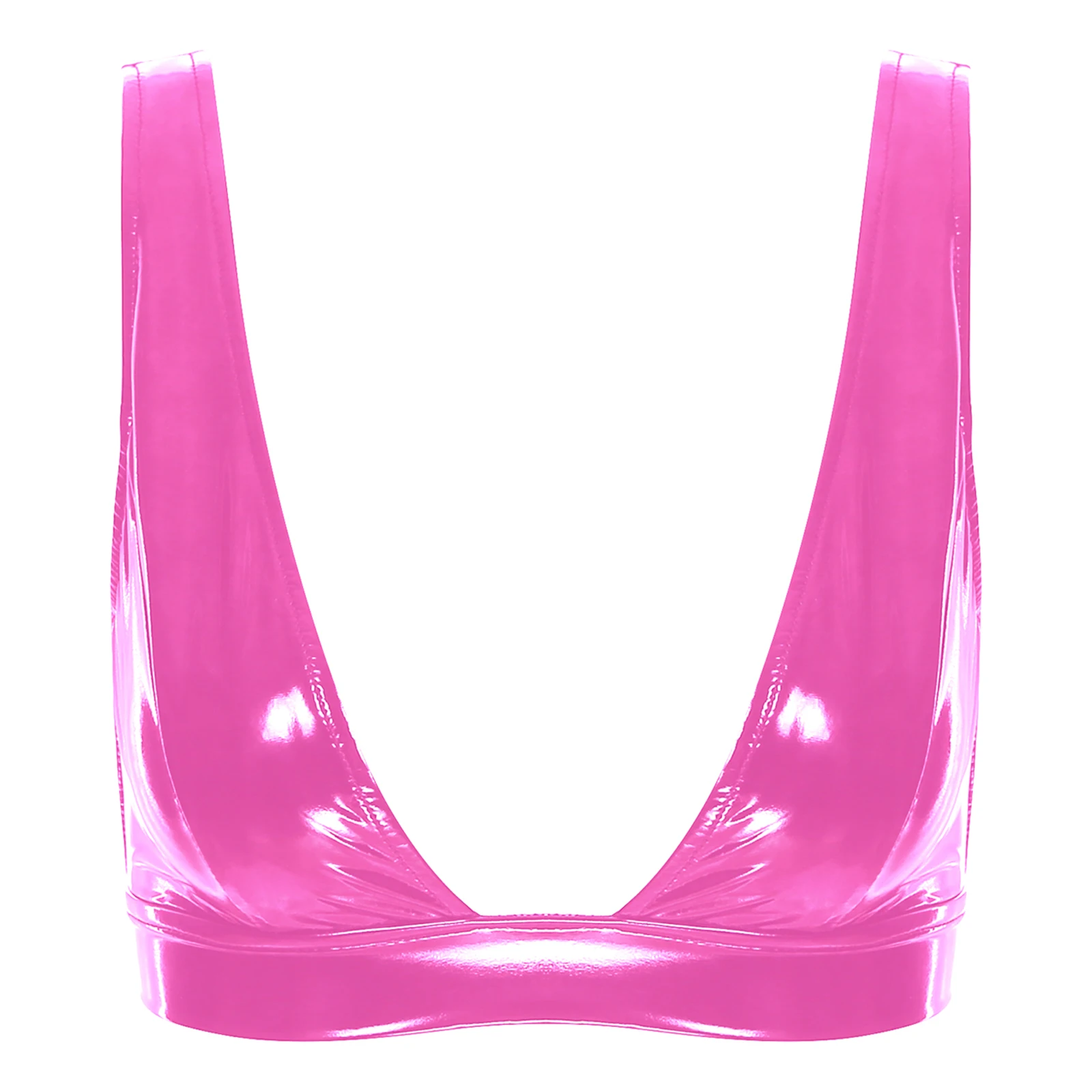 Sexy Womens Push Up Bra Tops Wide Shoulder Strap Lingerie Bra Top Wet Look Patent Leather Low-Cut Crop Tank Top Vest Clubwear
