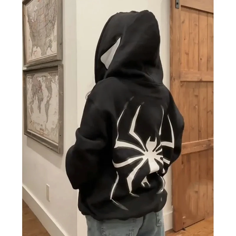 Halloween Women Spider Print Hoodies Men Hip Hop Zipper Long Sleeve Jacket Coats Autumn Winter Harajuku Loose Hooded Sweatshirt