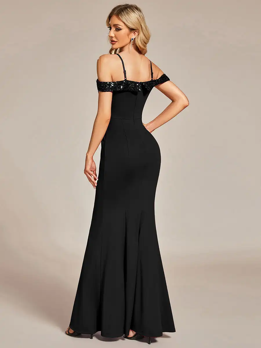 Elegant Evening Dresses new Off Shoulder Mermaid Sequin Detai Floor-Length 2024 of High Elasticity Black 2025 Bridesmaid dress
