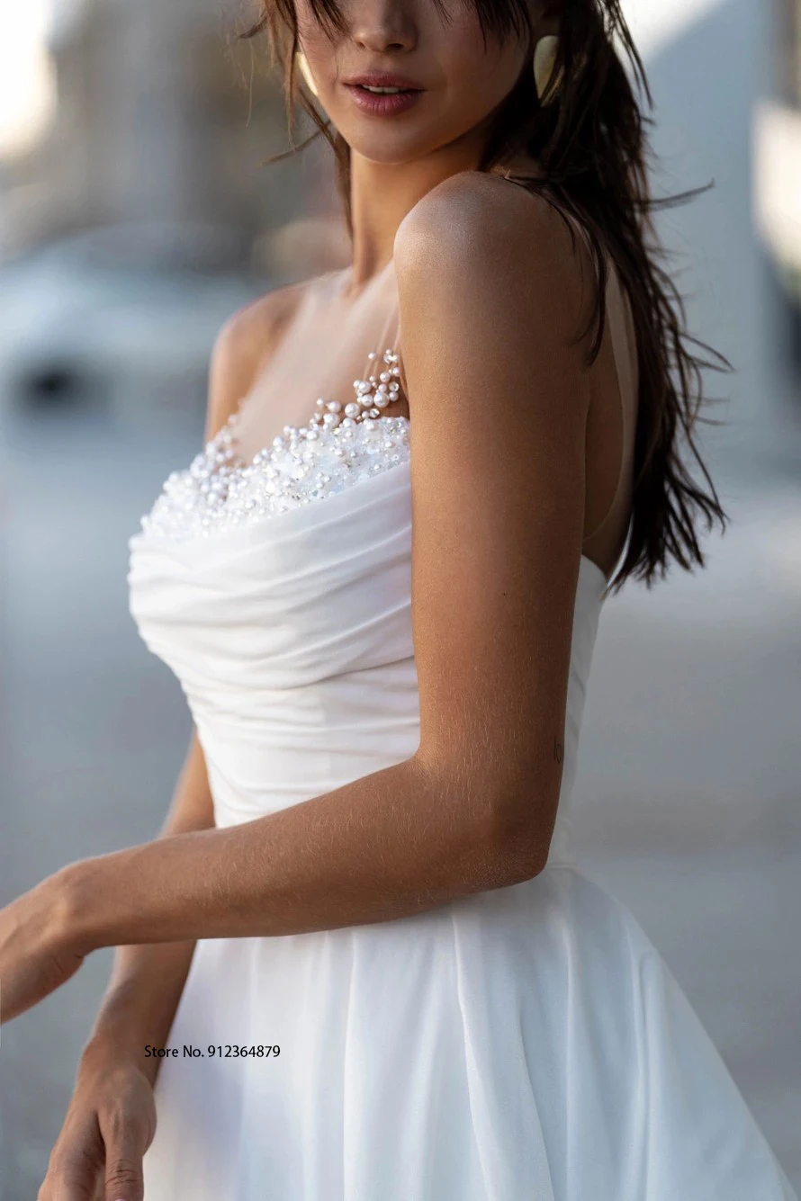 Sheer Beaded Peal Neck Pleat A Lne Wedding Dresses Sweet Train Formal Bridal Grown Vestido de Noiva 2023