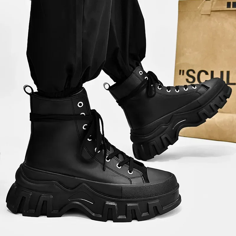 Fashionable British Style Motorcycle Boots High Top Lace Up new Leather Boots 2024 Autumn/winter New Unisex 2025 Boots Men Ankle Botas