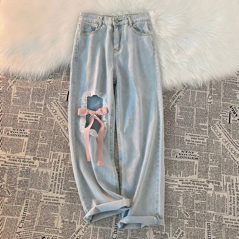 Denim Pants Sweet Bow Lace-up Lace Hole 2025 Wide Leg Pant Summer new High Waist Y2k Japan Style Jeans Women Haruku Light Blue Belt