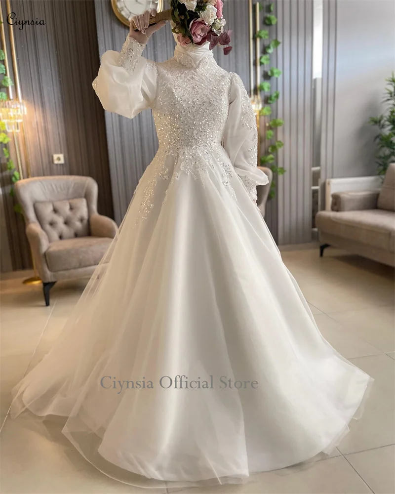 Ciynsia Full Sleeves Vestido De Noiva 2024 Muslim new Wedding Dresses For Women A Line Tulle Lace Beading Dubai Hijab 2025 Bridal Gowns