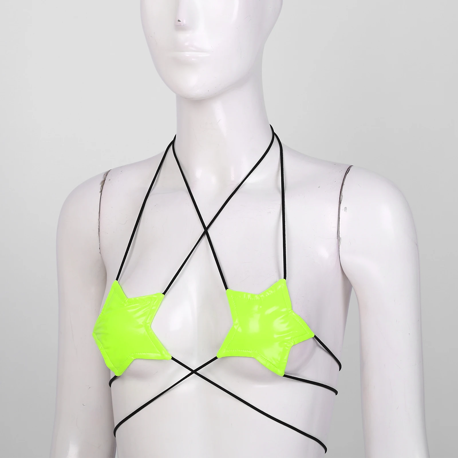 Womens Bikini Bra Tops Wet Look Patent Leather Lingerie Brassiere Halter Neck Strappy Wrap Around Star Shape Bralette Bra Top