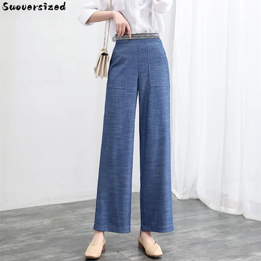 Blue Elastic High Waist Thin Baggy Jeans Women Wide Leg Trousers Ankle length Denim Pants Casual xl Pantalones Korean Vaqueros