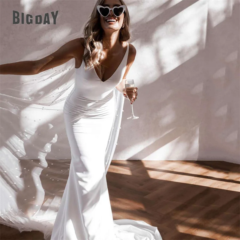 Elegant Mermaid Wedding Dresses Women Open Back V-Neck Spaghetti Straps Satin Simple Bridal Gowns Sweep Train Vestidos De Noiva