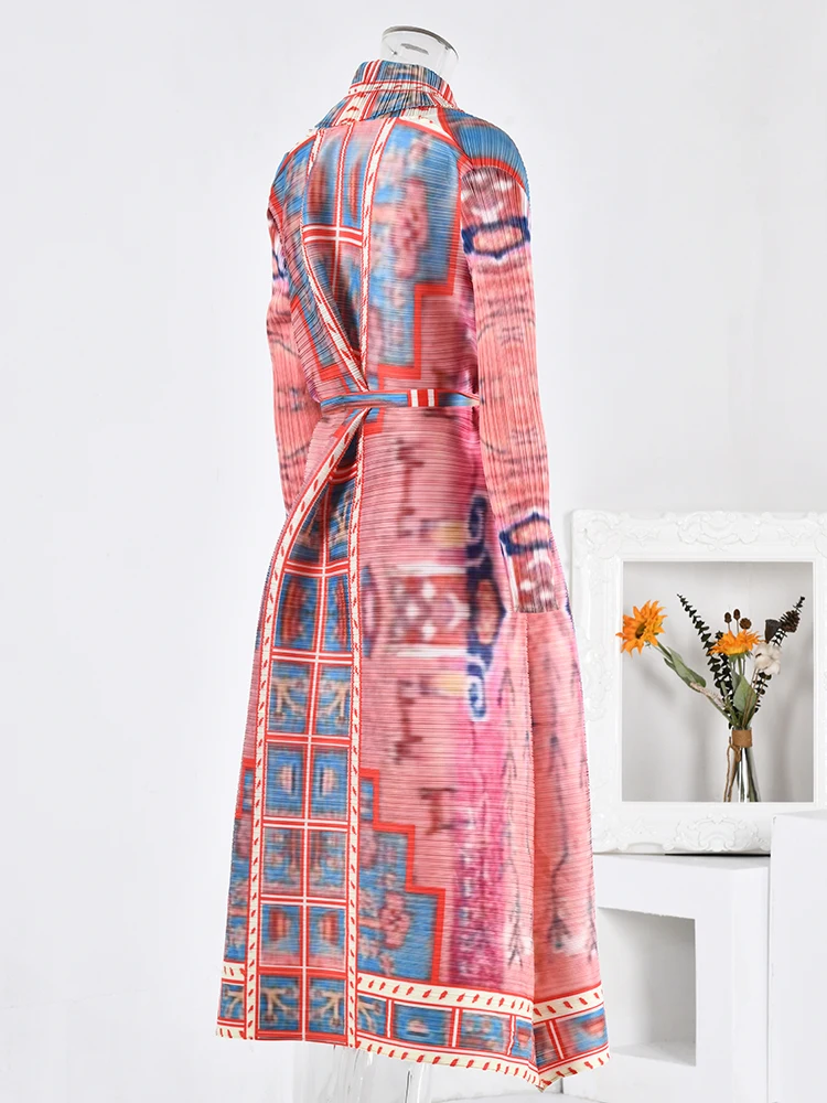 LANMREM Retro Pleated new Trench Coat For Women Long Sleeves Printing Open 2025 Coats Casual Outdoor Clothing 2024 New 32D891