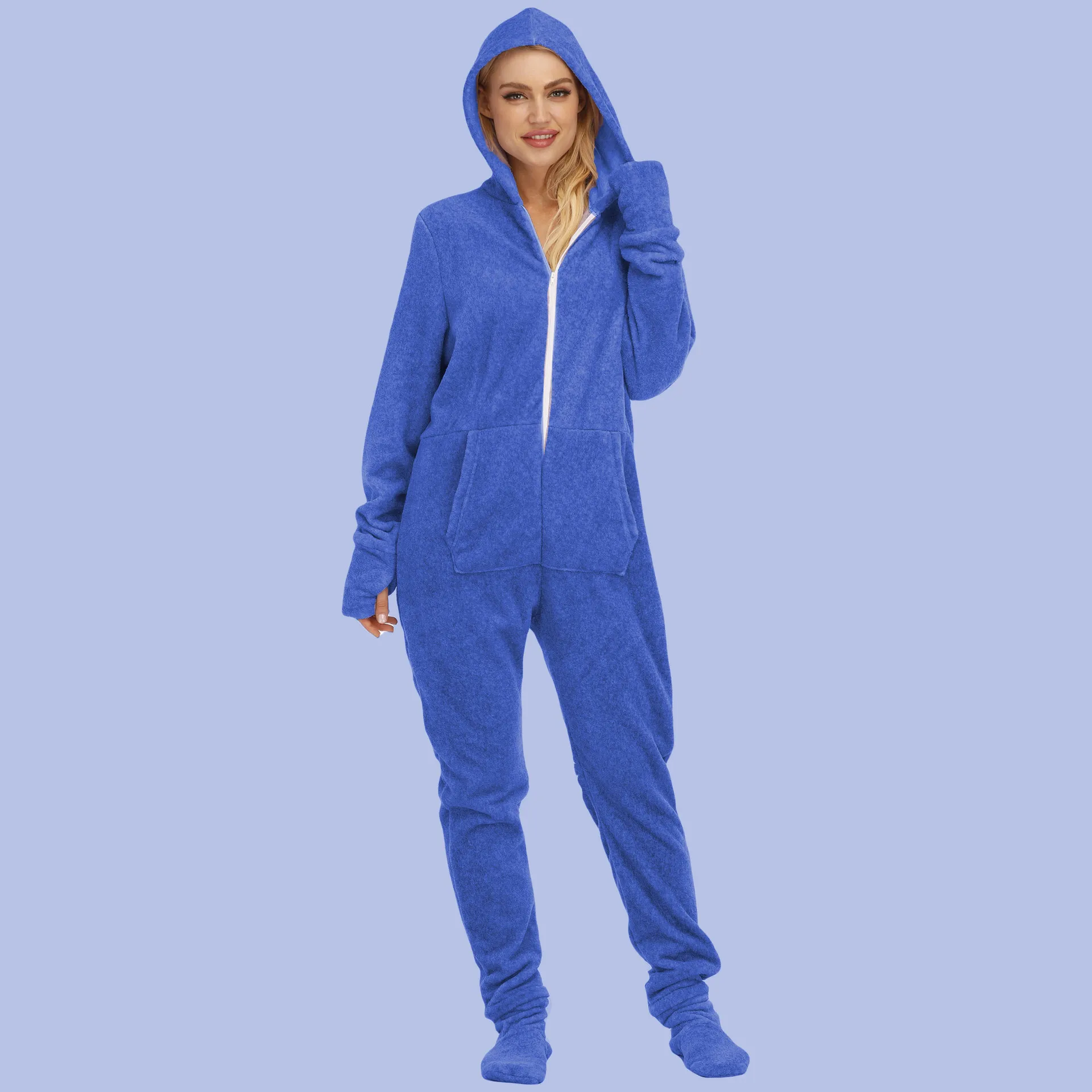 Adults Women Solid Hooded Fleece Onesie Pocket Sleepwear One-Piece Pijama Cosplay Costume Zipper Blue Pajamas