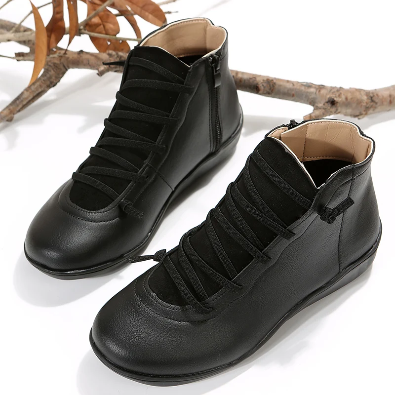 Women Boots Spring Autumn Retro Short Booties Ladies Soft Pu Leather Ankle Bootins Elastic Lace Up Casual Flat Shoes