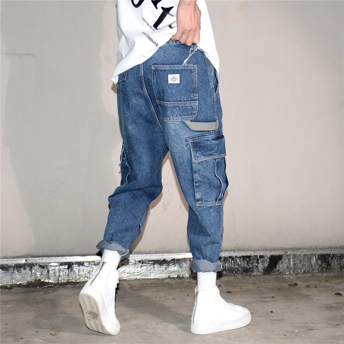 BM American Streetwear Multi Pocket Cargo Jeans For Men Clothing Korean Hip Hop Denim Harem Pants Harajuku Casual Cropped Pants