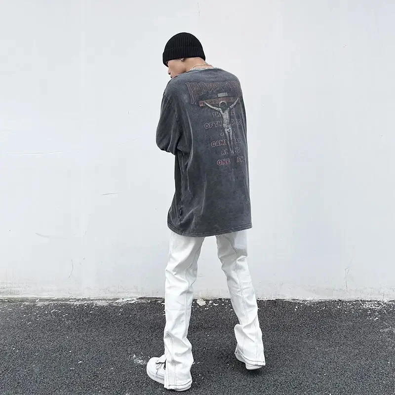 Men's Jeans Hip Hop White Flared Pants Loose Side Zipper Casual Loose Jeans Men's and Women's Pants Y2k Pants Ins Hot Sale Denim