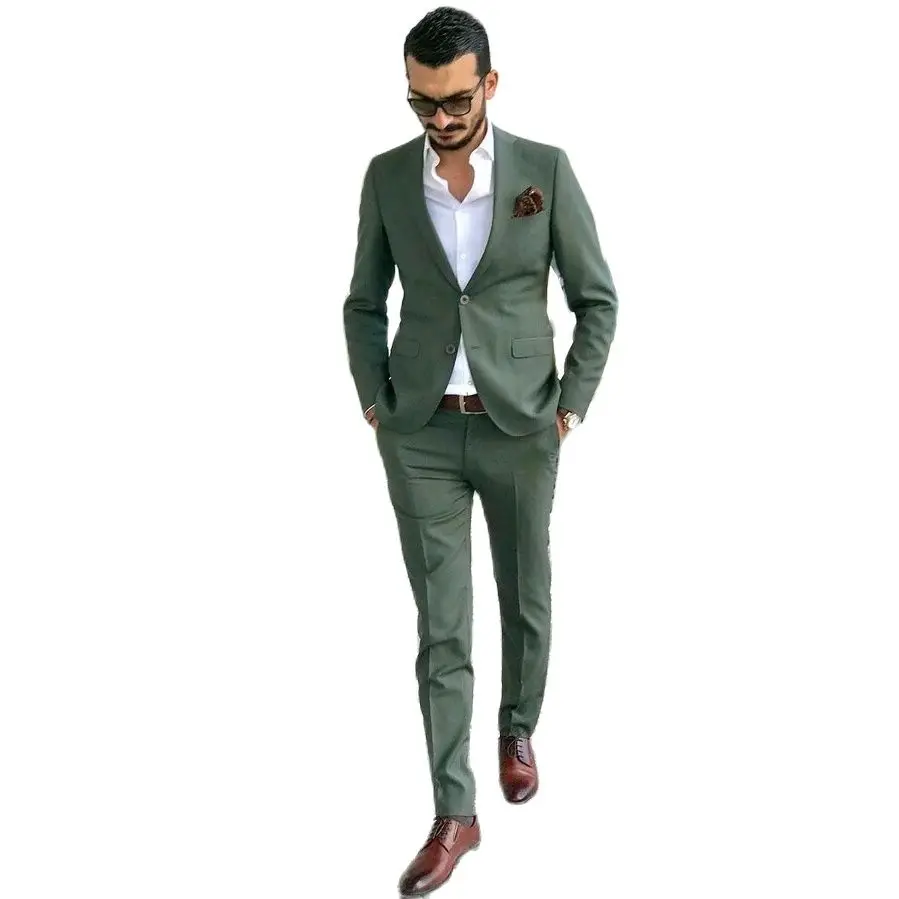 Skinny Men 2025 Suits Green Full Set Single Breated Peaked new Lapel Skinny 2 Piece Jacket Pants Chic Blazer Office Male Clothing Tailor