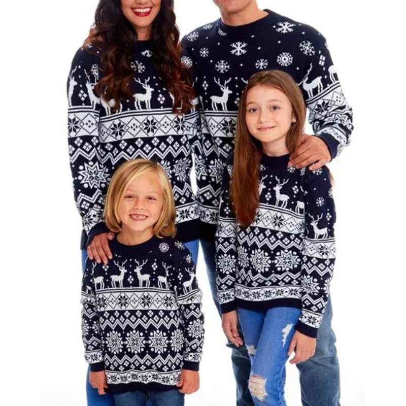 Family Christmas Sweater Winter Snowflake Print Warm Long Sleeve Round Neck Pullovers Knitted Tops Parent Child Outfit Tops