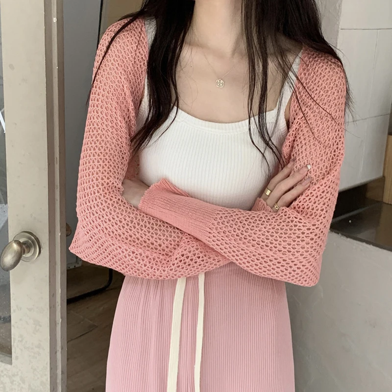Women's Open new Front Knit Cardigan Long 2025 Sleeve Hollow Out Solid Color Loose Crop Tops
