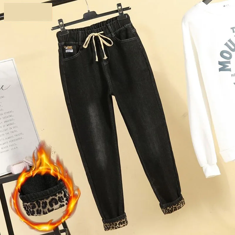 6XL Women's Thicken Velvet Denim Pants For Fat Sister Jeans Female's Winter Elastic High Waist Jeans Mother Jeans Autumn