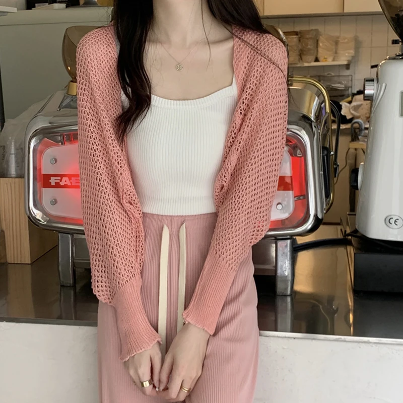 Women's Open new Front Knit Cardigan Long 2025 Sleeve Hollow Out Solid Color Loose Crop Tops