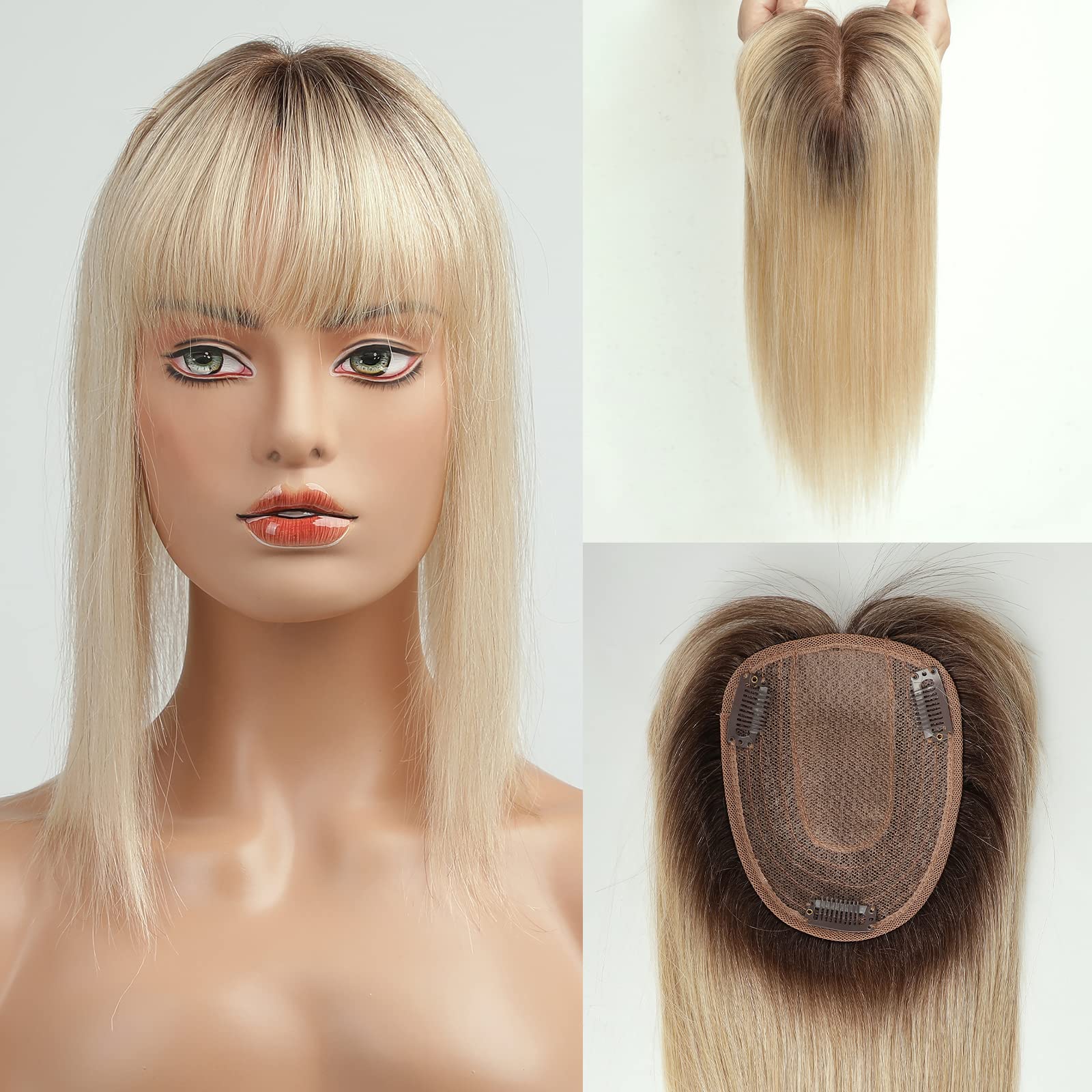 Straight Remy Human Hair Toppers with Bangs Toupee Hair Piece Silk Base Clip in Topper Top Hair for Hair Loss Women Ombre Blonde