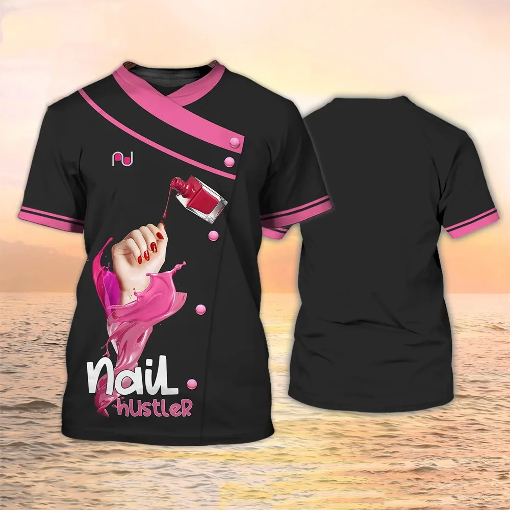 Women's manicure shirt, 3D nail polish printed T-shirt, Harajuku short sleeved shirt, summer fashion, women's casual sweater