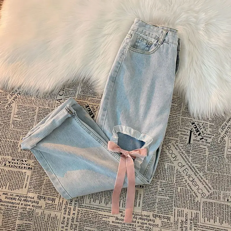 Denim Pants Sweet Bow Lace-up Lace Hole 2025 Wide Leg Pant Summer new High Waist Y2k Japan Style Jeans Women Haruku Light Blue Belt