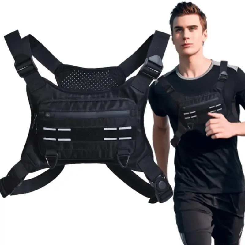 Running Chest Bag Waterproof Lightweight Front Chest Pack Reflective Sport Running Vest Bag With Built-In Phone Holder