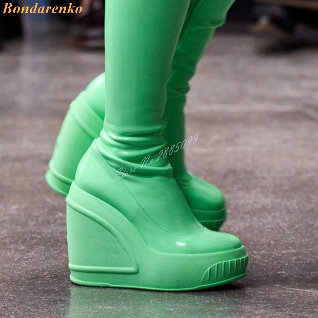 Shiny Leather Thin Boots Round Toe Platform High Wedges Knee High Boots Women Sexy Shoes New Designer Side Zipper Solid Runway