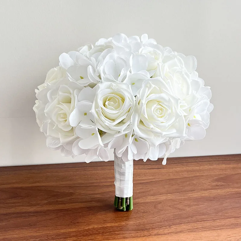 new Wedding Bridal Bouquet Corsage 2025 Bridesmaids Bride Boutonniere White Hydrangea Silk Roses Marriage Accessories Artificial Flowers