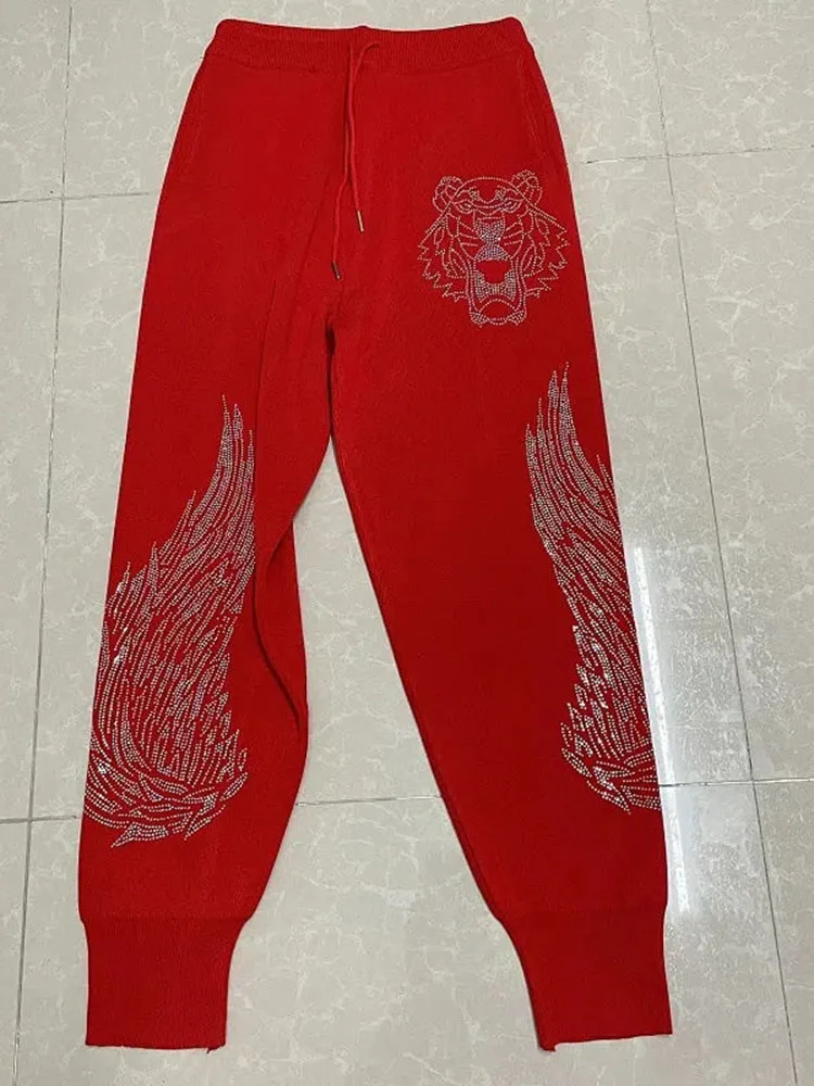 2025 Women Sweatpants Blingbling Wings Rhinestone Elastic High Waist Sports new Pants Autumn Spring Black Long Trousers