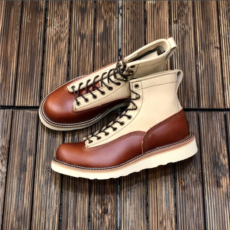 New Handmade Round Toe Vintage British Men White Cow Leather Shoes Autumn Winter Ankle Boots Work Tooling Motorcycle Boots Mixed