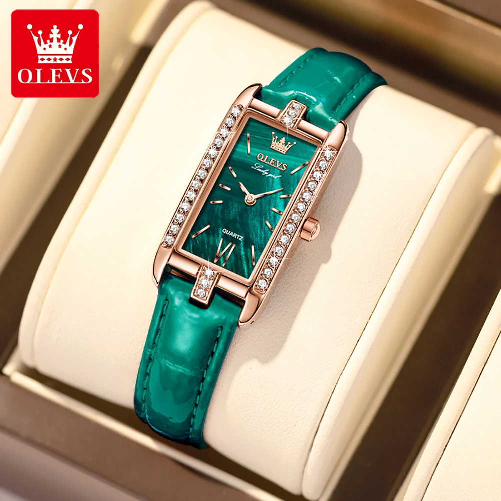 OLEVS Luxury Quartz Watch for Women New Diamond Square Waterproof Laidies Leather Wrist Watches Valentine's Day Gift for Female