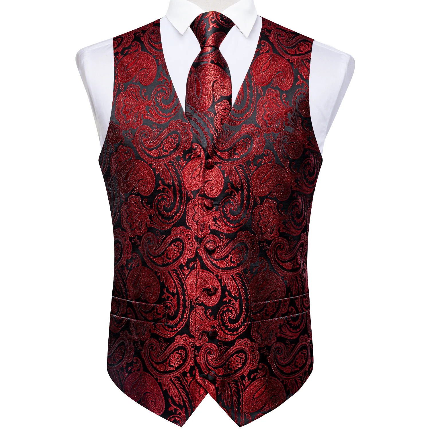 Red Silk Paisley Suit Vest for Men Wedding new Party Waistcoat Tie 2025 Handkerchief Cufflinks Tuxedo Male Blazer DiBanGu