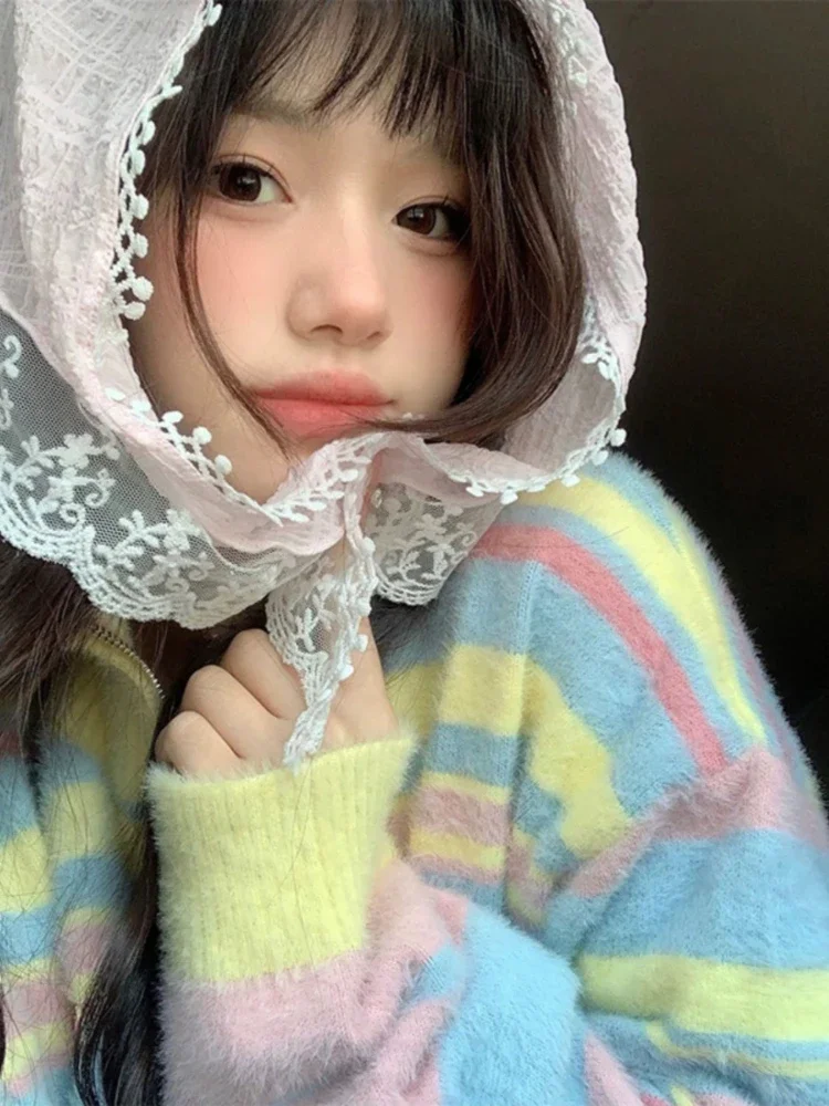 Deeptown Y2K Aesthetic Vintage Striped Knitted Cardigan Women Harajuku Kpop Zipper Oversized Sweater Korean Sweet All-match Tops