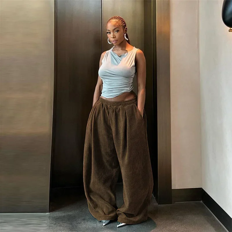 Deeptown Corduroy Oversized Pants Women Y2K Vintage Baggy Wide Leg Casual Pocket Trousers Harajuku Streetwear Sweatpants Korean