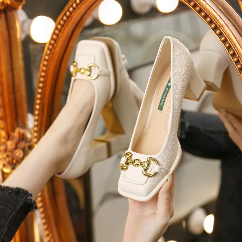 Women's Pumps Shoes Retro Women Shoes Shallow Mouth Womens Casual Shoes Square Head New Ladies Mary Jane High Heels Sexy Tacones