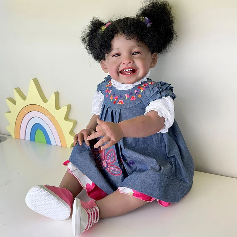 24inch Mila Dark Brown Skin Reborn Toddler Girl Doll Happy Girl Soft Cloth Body Rooted Hair High Quality Hand new 2025 Painted Doll