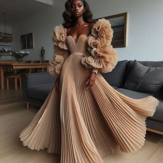 Champagne Pretty A-line Pleated Long Evening Dresses Ruffles Floral Puff Sleeves Modest Formal Party Dresses African Maxi Gowns smile
