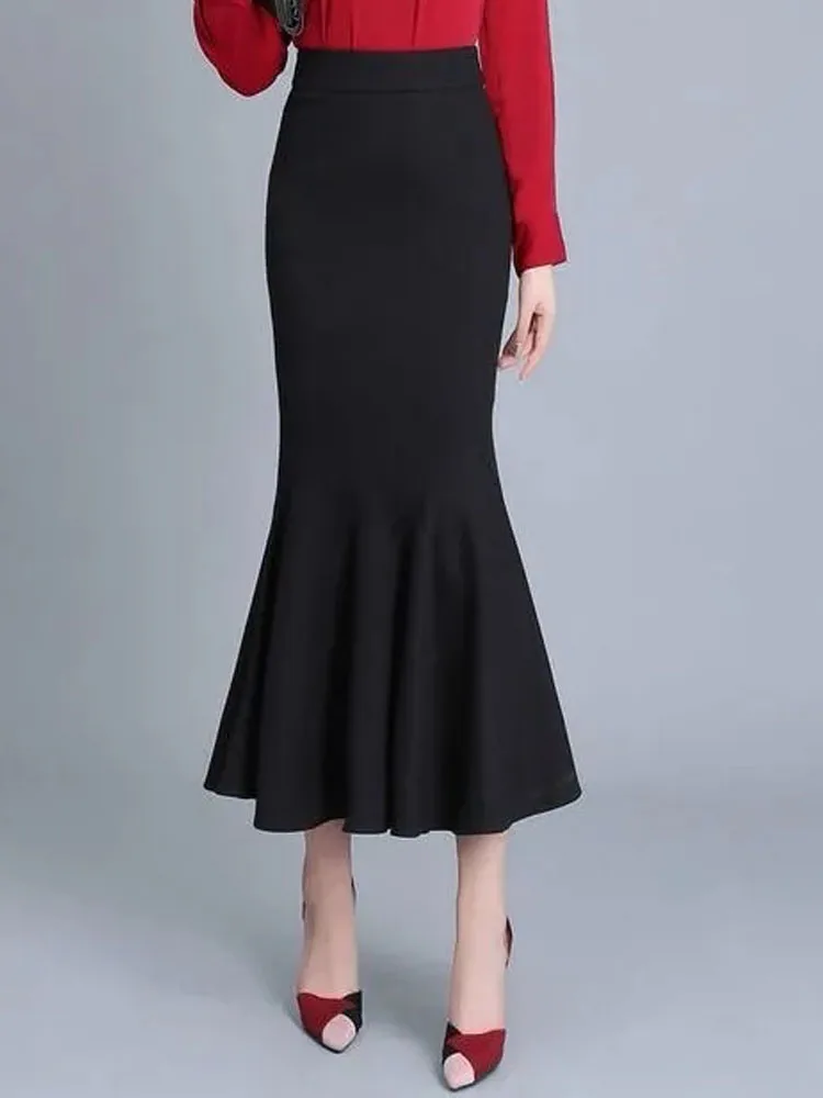 FairyShely 2024 Summer 2025 Mermaid Black Skirt For Women High new Waist Long Skirts Korean Sexy Midi Pleated Office Lady Skirt